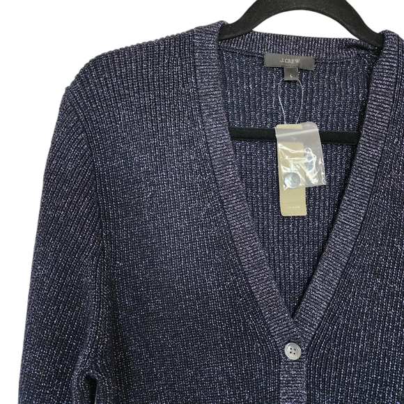NWT J. Crew Button-Up Cardigan, Midnight Blue with Metallic Threads, Large - Picture 2 of 5